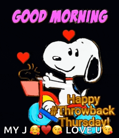 snoopy is riding a bike with a basket of coffee and hearts .