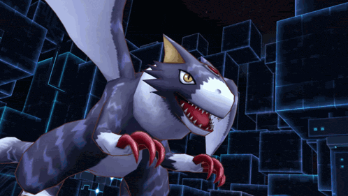 a gray and white monster with red claws stands in front of a maze of blue cubes