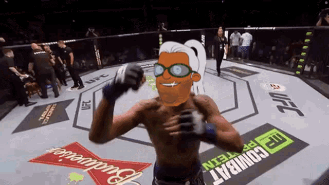 a cartoon of a man in a boxing ring with a budweiser logo on the floor