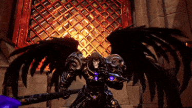 a video game character with black wings and horns is holding a sword