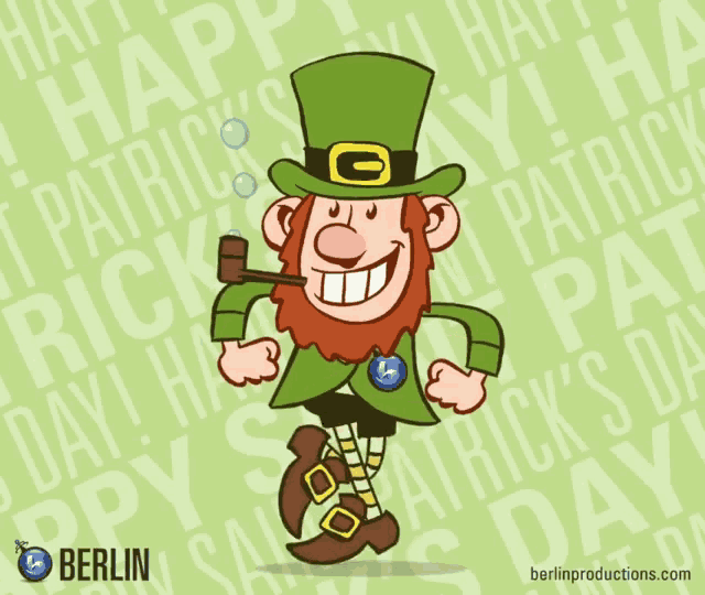 a cartoon of a leprechaun with a pipe and the words happy patrick 's day