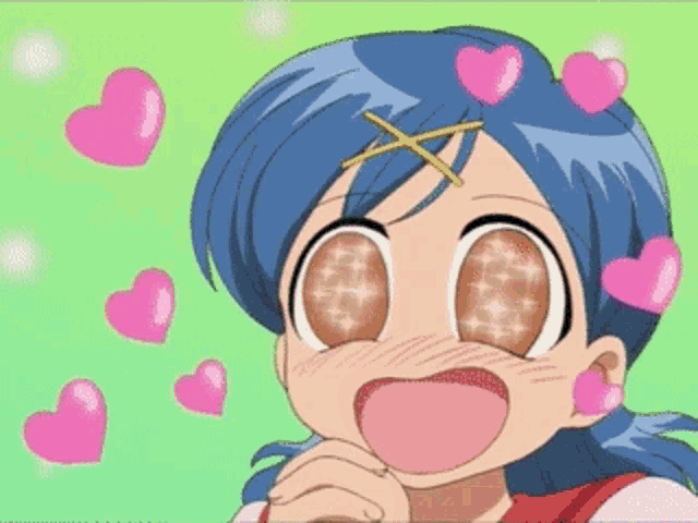 a girl with blue hair has pink hearts surrounding her eyes