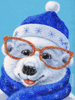 a polar bear wearing glasses and a hat with the number 2485