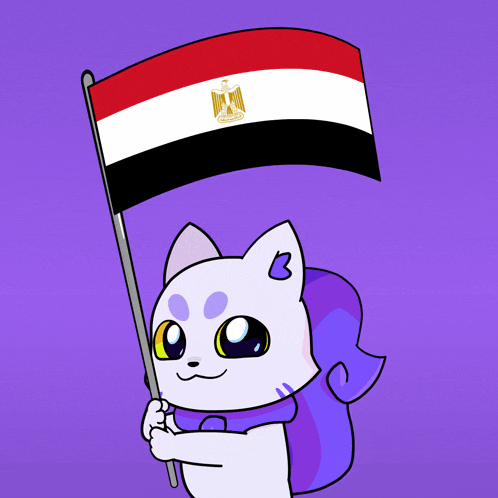 a cartoon drawing of a cat holding a flag
