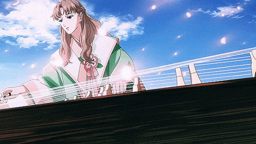 a drawing of a woman playing a musical instrument with a blue sky in the background
