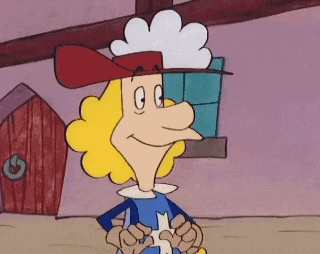 a cartoon character is wearing a red hat and a blue outfit