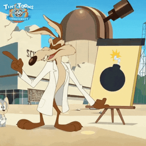 a cartoon of coyote pointing at a board that says tiny toons on it