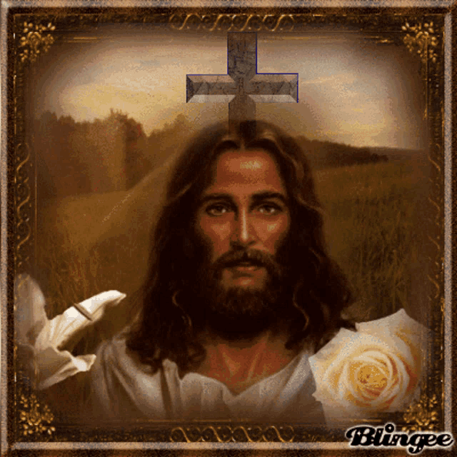 a picture of jesus with a cross and a rose with blingee on the bottom