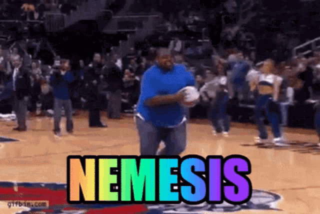 a man is holding a basketball on a basketball court and the word nemesis is written in rainbow colors