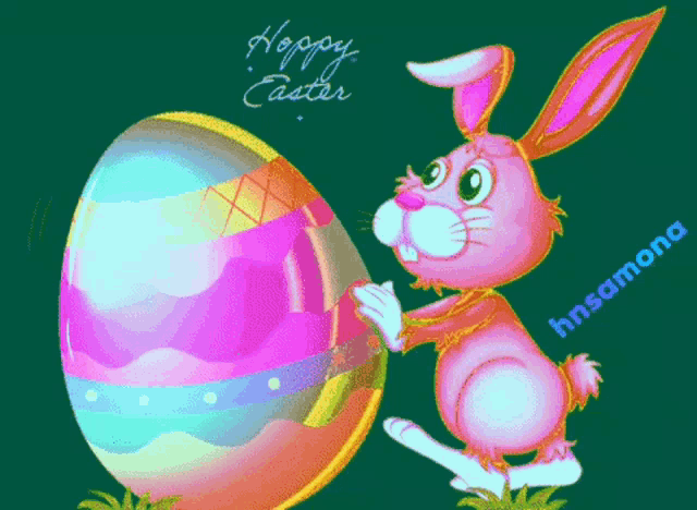 a happy easter greeting card with a pink bunny and an egg