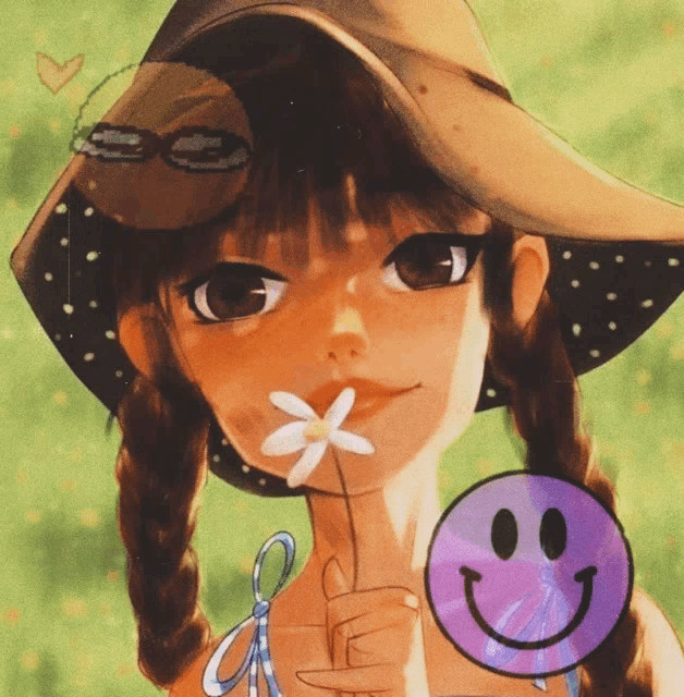 a girl in a hat is holding a flower in her hand and has a smiley face next to her