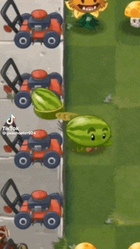 a watermelon is being pulled by a lawn mower in a plants vs zombies video game .