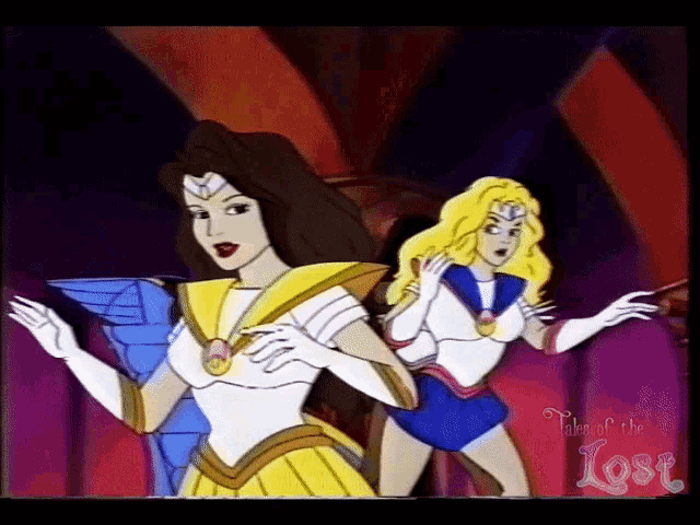 a cartoon of two women standing next to each other with the words tales of the lost on the bottom