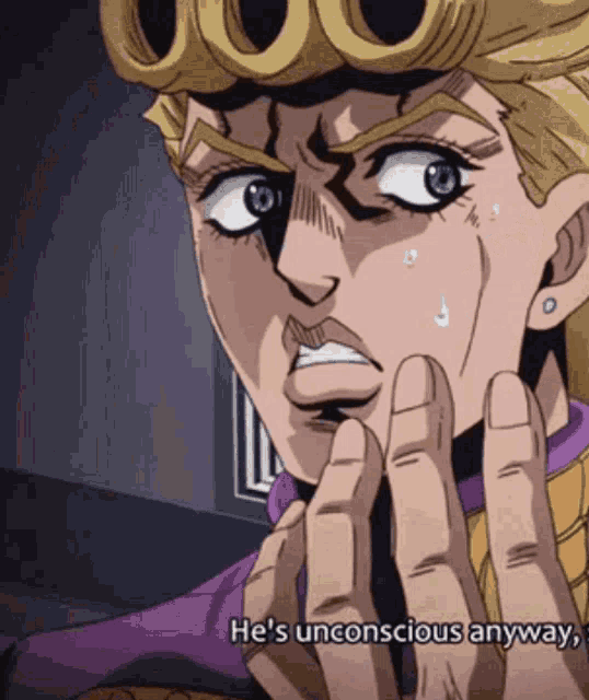 a cartoon character says he 's unconscious anyway with his hands on his face