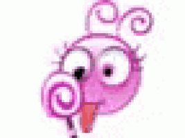 a cartoon of a pink bird with a lollipop in its mouth .