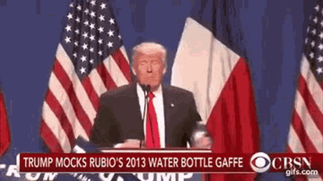 donald trump is giving a speech at a podium in front of a podium with american flags behind him .
