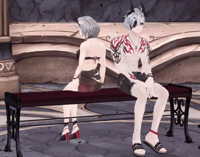 a man and a woman are sitting on a bench in a video game and the man has horns