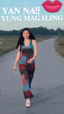 a woman walking down a road with yan na yung magaling written on the top