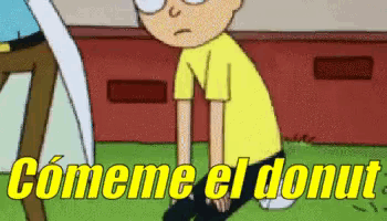 a cartoon of a boy sitting on the ground with the words comeme el donut written in spanish .