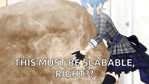 a girl in a plaid dress is standing next to a pile of dirt with the words " this must be slabable right "
