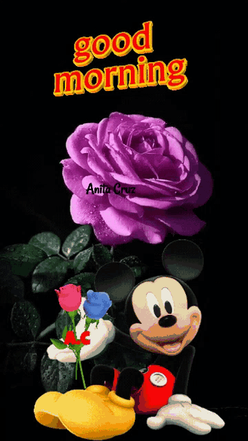 a picture of mickey mouse holding a purple rose with the words good morning