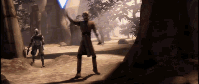a man is holding a light saber while another man stands behind him