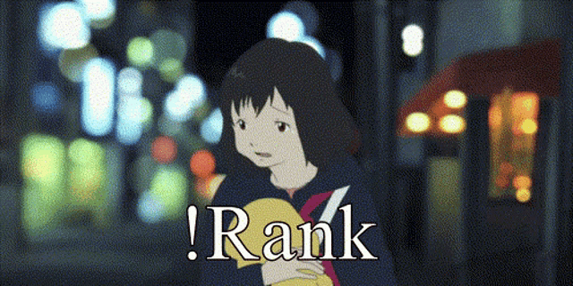a girl in a school uniform stands in front of a sign that says ! rank