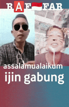 a man wearing sunglasses is next to another man wearing a cat face filter
