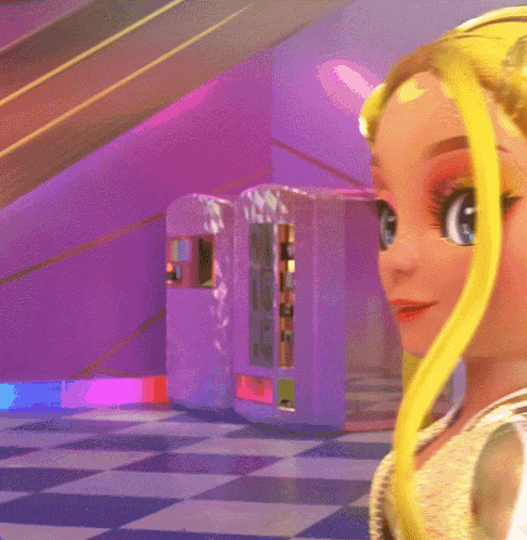 a doll with yellow hair is standing in front of a purple wall