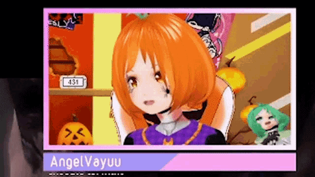 a girl with orange hair is sitting in a chair in front of pumpkins .