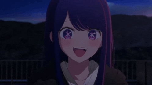 a girl with purple hair and pink eyes is smiling and looking at the camera