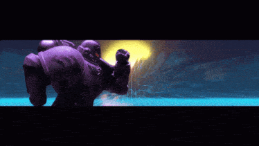 a purple robot is standing in front of a pink sun
