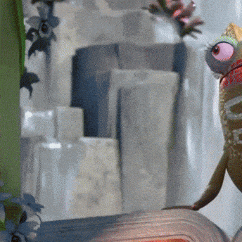 a close up of a cartoon character with big eyes looking at something