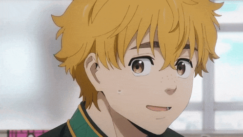 a close up of a anime character with yellow hair