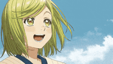 a girl with green hair is smiling in front of a blue sky with clouds