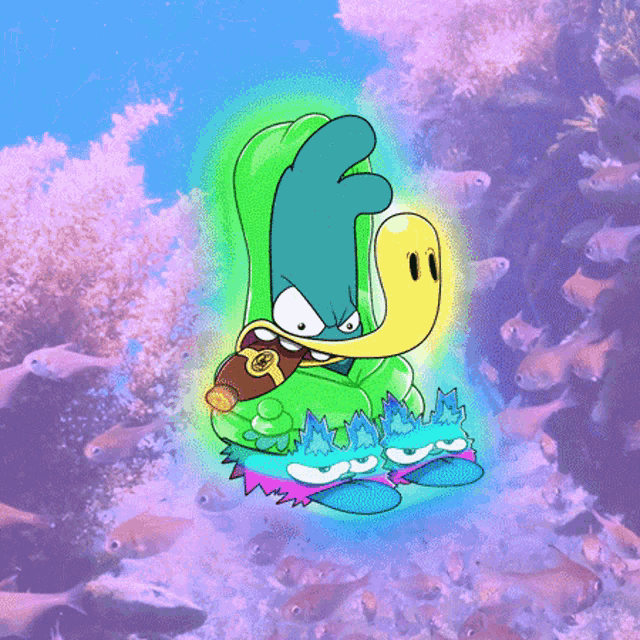 a cartoon character is holding a bottle with the letter t on it
