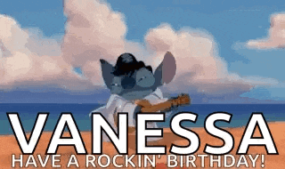 a cartoon of stitch playing a guitar on the beach with the words `` vanessa have a rockin ' birthday ! ''