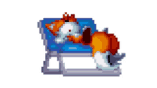 a pixel art of a dog laying on a blue blanket