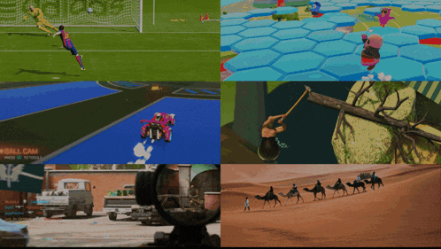 a collage of images includes a soccer game and a game called fall flat