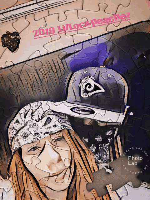 a picture of a girl in a bandana and a hat with the year 2019 written on it