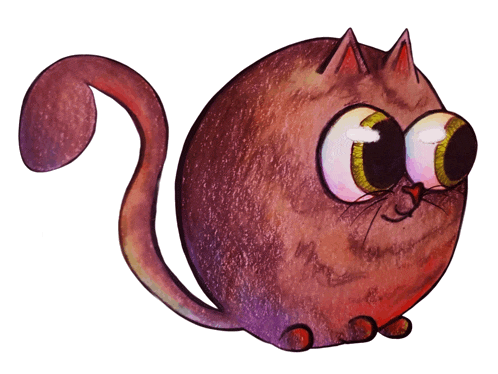 a cartoon drawing of a cat with big eyes and a long tail