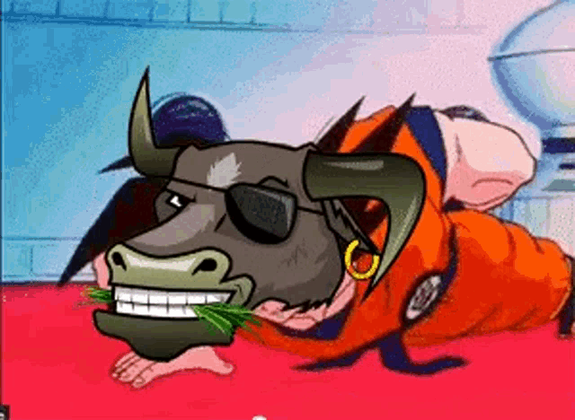 a cartoon drawing of a bull wearing sunglasses and an orange shirt