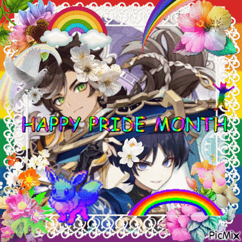 a picture of two anime characters with flowers and a rainbow with the words happy pride month