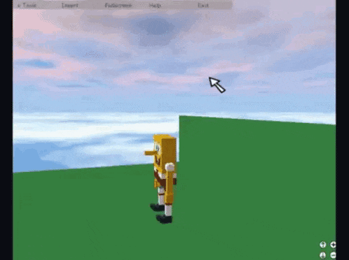 a computer screen shows a spongebob character standing on a grassy field