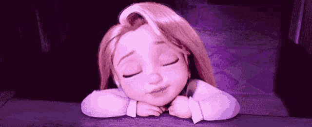 a cartoon girl is sleeping with her eyes closed and her head resting on her hands .