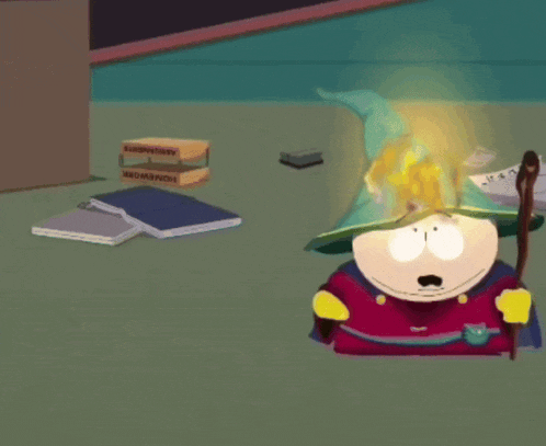 a cartoon character is wearing a wizard 's hat and holding a cane