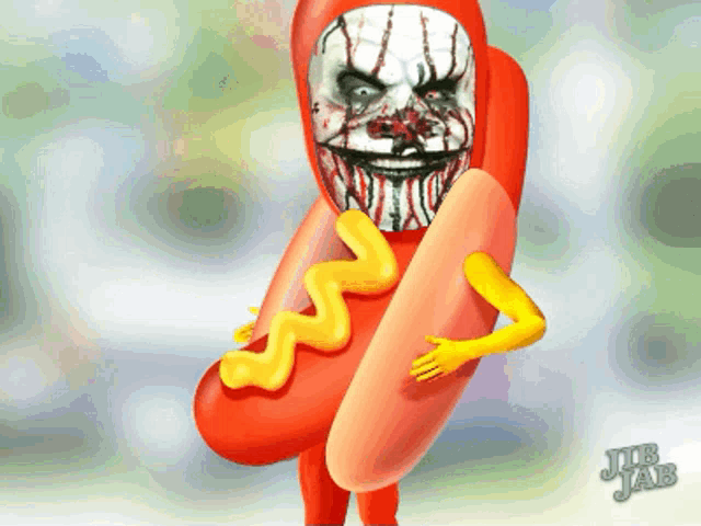 a picture of a hot dog with a clown face on it