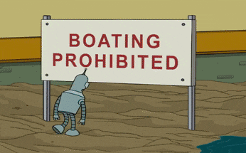 a cartoon robot is looking at a boating prohibited sign