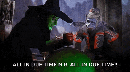 a witch is talking to a monkey with the words all in due time n 'r all in due time