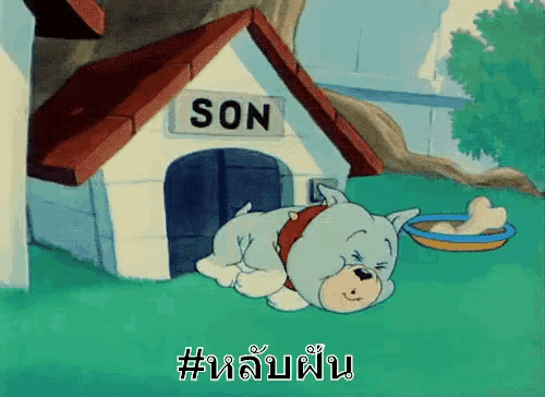 a cartoon dog is laying in front of a dog house that says son on it